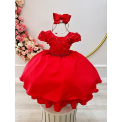 Vestido Infantil Vermelho Busto C/ Apliques de Flores Renda