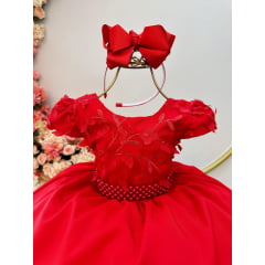 Vestido Infantil Vermelho Busto C/ Apliques de Flores Renda