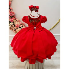 Vestido Infantil Vermelho Busto C/ Apliques de Flores Renda