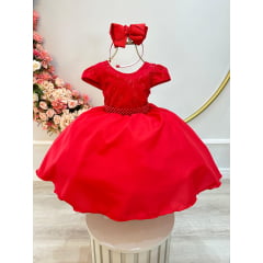 Vestido Infantil Vermelho Busto Com Renda Daminhas Festas