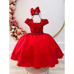Vestido Infantil Vermelho Busto Com Renda e Cinto de Pérolas