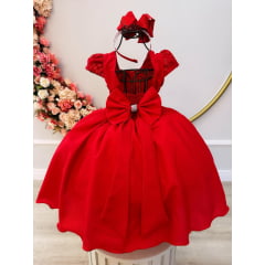 Vestido Infantil Vermelho Busto Com Renda e Cinto de Pérolas