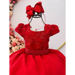 Vestido Infantil Vermelho Busto Com Renda e Cinto de Pérolas