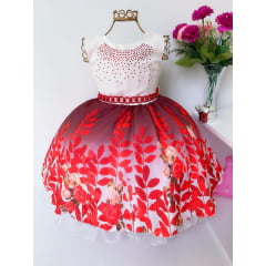 Vestido Infantil Vermelho Floral Luxo Festa Cinto de Pérolas