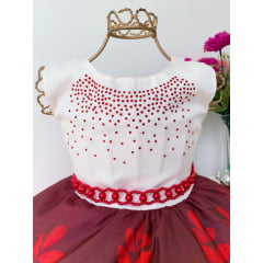 Vestido Infantil Vermelho Floral Luxo Festa Cinto de Pérolas
