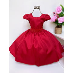 Vestido Infantil Vermelho Luxo Cinto Pérolas C/Mangas