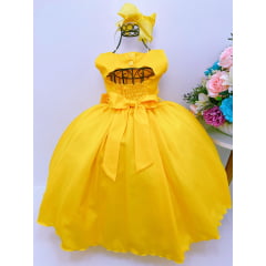 Vestido Infantil Amarelo Busto Rendado Pérolas Casamento