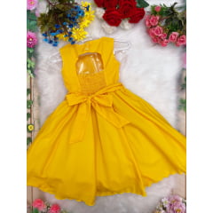 Vestido Infantil Amarelo Busto Rendado Pérolas Casamento