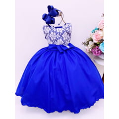 Vestido Infantil Azul Royal Busto Rendado Pérolas Casamento