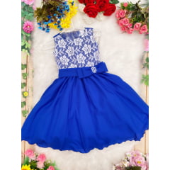 Vestido Infantil Azul Royal Busto Rendado Pérolas Casamento