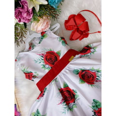 Vestido Infantil Branco e Vermelho Floral Luxo Juvenil