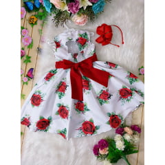Vestido Infantil Branco e Vermelho Floral Luxo Juvenil