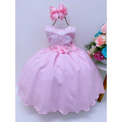 Vestido Infantil Rosa Busto Rendado Pérolas Casamento Luxo