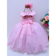 Vestido Infantil Rosa Busto Rendado Pérolas Casamento Luxo