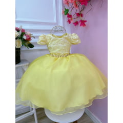 Vestido Infantil Amarelo C/ Renda Tiara e Cinto de Pérolas