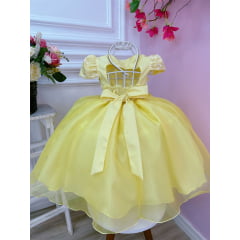 Vestido Infantil Amarelo C/ Renda Tiara e Cinto de Pérolas