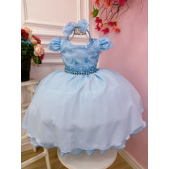 Vestido Infantil Azul Bebê C/ Renda e Cinto de Pérolas Tiara