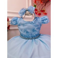 Vestido Infantil Azul Bebê C/ Renda e Cinto de Pérolas Tiara