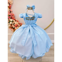 Vestido Infantil Azul Bebê Tiara C/ Renda e Cinto de Pérolas