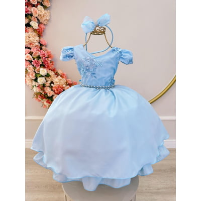 Vestido Infantil Azul Bebê Tiara C/ Renda e Cinto de Pérolas