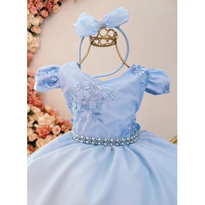 Vestido Infantil Azul Bebê Tiara C/ Renda e Cinto de Pérolas