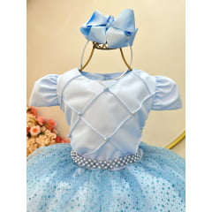 Vestido Infantil Azul Busto Nervura Saia C/ Glitter Festas