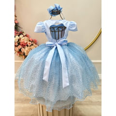 Vestido Infantil Azul Busto Nervura Saia C/ Glitter Festas