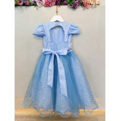 Vestido Infantil Azul Busto Nervura Saia C/ Glitter Festas