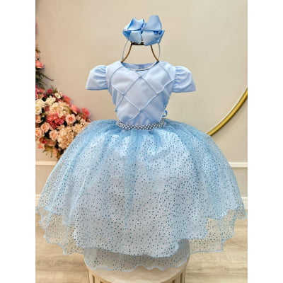 Vestido Infantil Azul Busto Nervura Saia C/ Glitter Festas