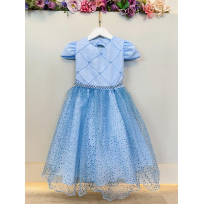 Vestido Infantil Azul Busto Nervura Saia C/ Glitter Festas