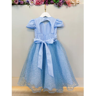 Vestido Infantil Azul Busto Nervura Saia C/ Glitter Festas