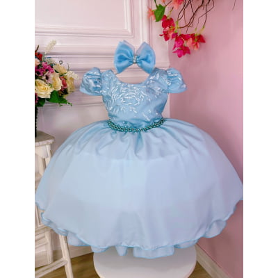 Vestido Infantil Azul C/ Renda e Cinto de Pérolas Laço