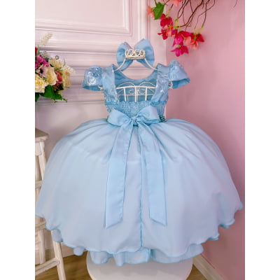 Vestido Infantil Azul C/ Renda e Cinto de Pérolas Laço