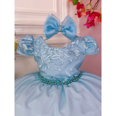 Vestido Infantil Azul C/ Renda e Cinto de Pérolas Laço