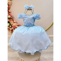 Vestido Infantil Azul Claro C/ Tiara e Renda Casamento Luxo