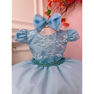 Vestido Infantil Azul Com Renda Cinto de Pérolas e Tiara