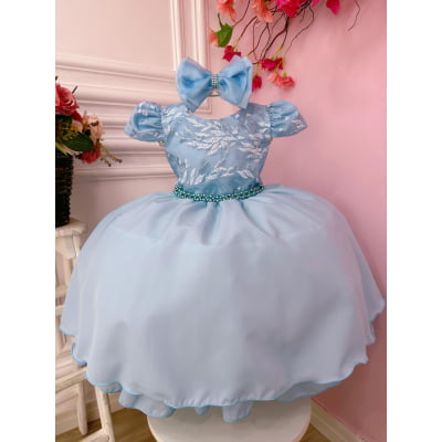Vestido Infantil Azul Com Renda Cinto de Pérolas e Tiara