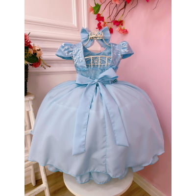 Vestido Infantil Azul Com Renda Cinto de Pérolas e Tiara