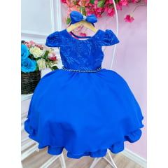 Vestido Infantil Azul Royal C/ Tiara Renda Cinto de Pérolas