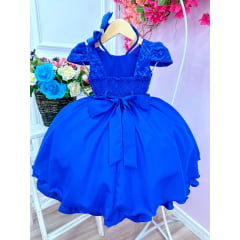 Vestido Infantil Azul Royal C/ Tiara Renda Cinto de Pérolas