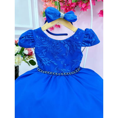 Vestido Infantil Azul Royal C/ Tiara Renda Cinto de Pérolas
