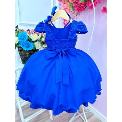 Vestido Infantil Azul Royal C/ Tiara Renda Cinto de Pérolas
