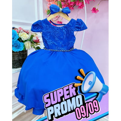 Vestido Infantil Azul Royal C/ Tiara Renda Cinto de Pérolas