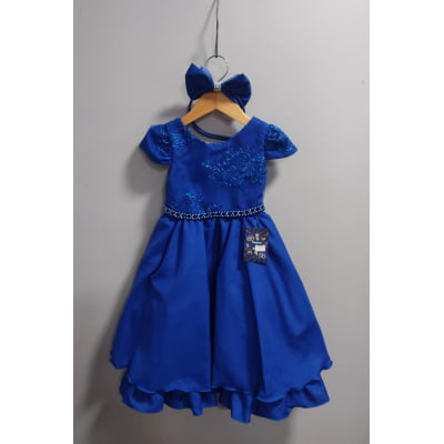Vestido Infantil Azul Royal Renda Metalizada C/ Tiara Daminhas