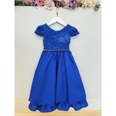 Vestido Infantil Azul Royal Renda Metalizada C/ Tiara Daminhas