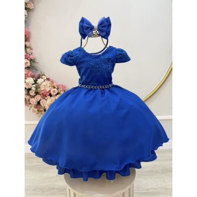 Vestido Infantil Azul Royal Renda Metalizada C/ Tiara Daminhas