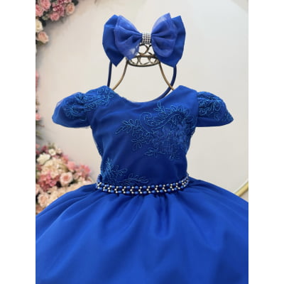 Vestido Infantil Azul Royal Renda Metalizada C/ Tiara Daminhas