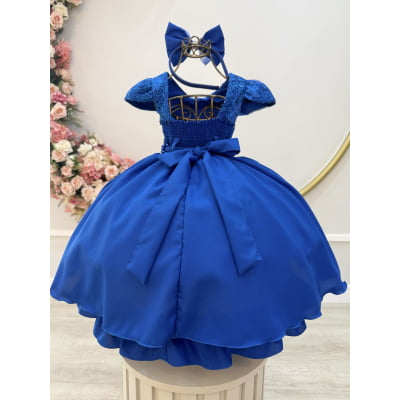 Vestido Infantil Azul Royal Renda Metalizada C/ Tiara Daminhas