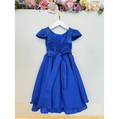 Vestido Infantil Azul Royal Renda Metalizada C/ Tiara Daminhas