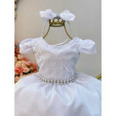 Vestido Infantil Branco Busto C/ Renda e Pérolas Tiara Damas